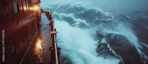 Shipside view of towering ocean waves during a tempest, with sidelit water drama. photo