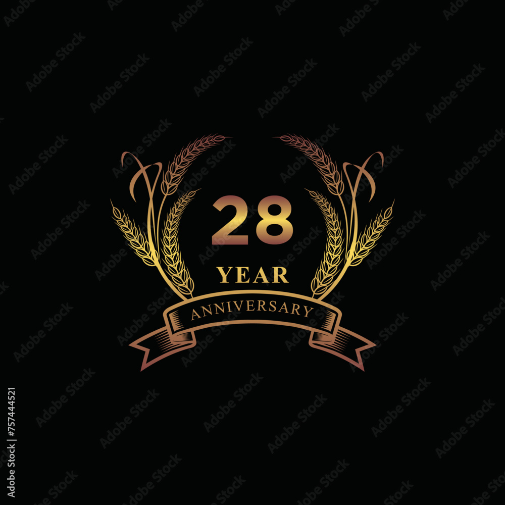 28th golden anniversary logo with ring and ribbon, laurel wreath vector 28th golden anniversary logo with ring and ribbon, laurel wreath vector