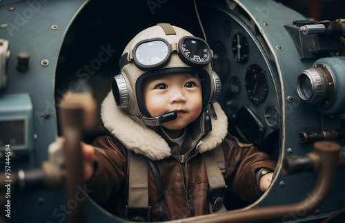 A toddler dressed as a tank crew member peers out from the hatch of military equipment, exuding a sense of curiosity and adventure. This adorable image captures the innocence and imagination