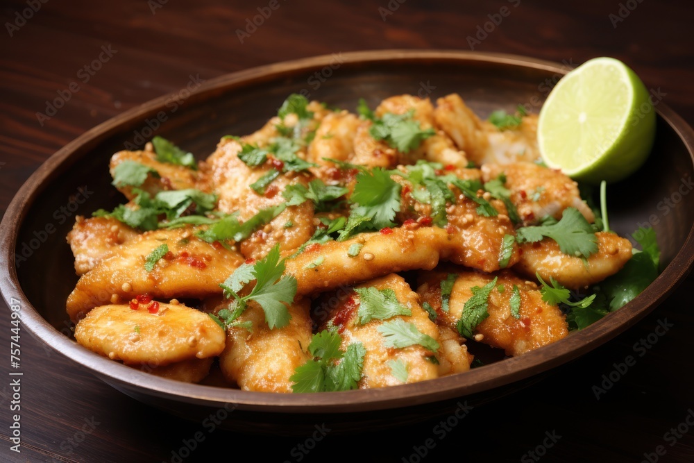 Bite-sized pieces of light fish Fry until golden and crispy. Topped with fragrant garlic and pepper sauce. Garnished with coriander leaves, it's delicious, spicy, and easy to eat Bite-sized pieces of light fish Fry until golden and crispy. Topped with fragrant garlic and pepper sauce. Garnished with coriander leaves, it's delicious, spicy, and easy to eat