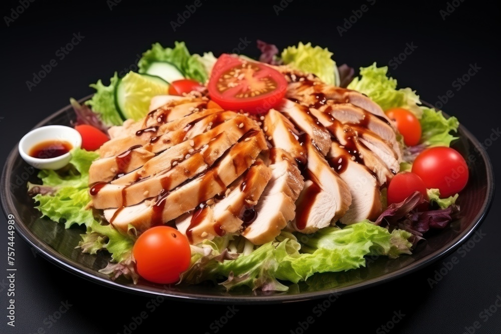 Boiled chicken breast, cut into pieces and arrange on salad. Topped with balsamic salad dressing. Sweet and sour taste