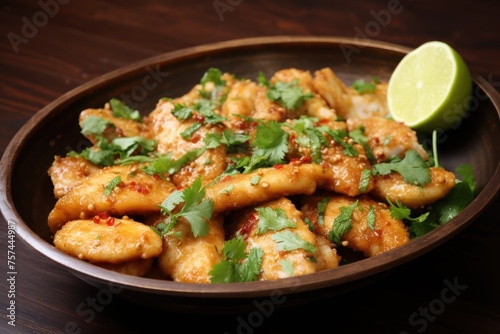 Bite-sized pieces of light fish Fry until golden and crispy. Topped with fragrant garlic and pepper sauce. Garnished with coriander leaves, it's delicious, spicy, and easy to eat