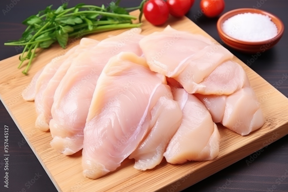 Boiled chicken breast, firm, juicy, cut into pieces, soft white meat. Place on a wooden cutting board Emphasize simplicity