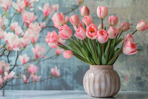 A vase filled with delicate pink tulips sits on a table, with a backdrop of soft focus pink blossoms