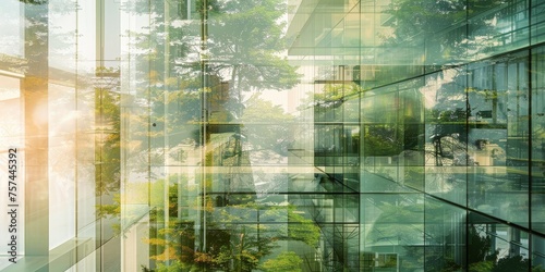 A glass building with a green forest inside
