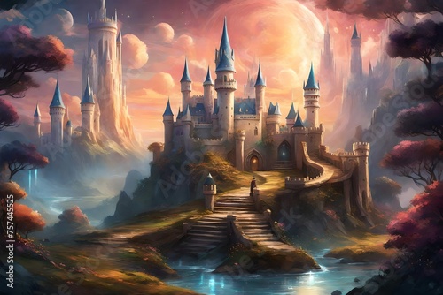 landscape with clouds, Embark on a journey to a magical realm with an enchanting illustration of a fantastic castle, generated by AI