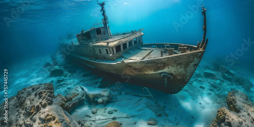 Old sunken ship at the bottom of the ocean