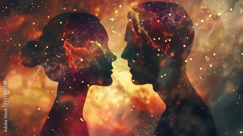 Abstract cosmic background with silhouettes of a man and woman, symbolizing the connection between human souls and the universe