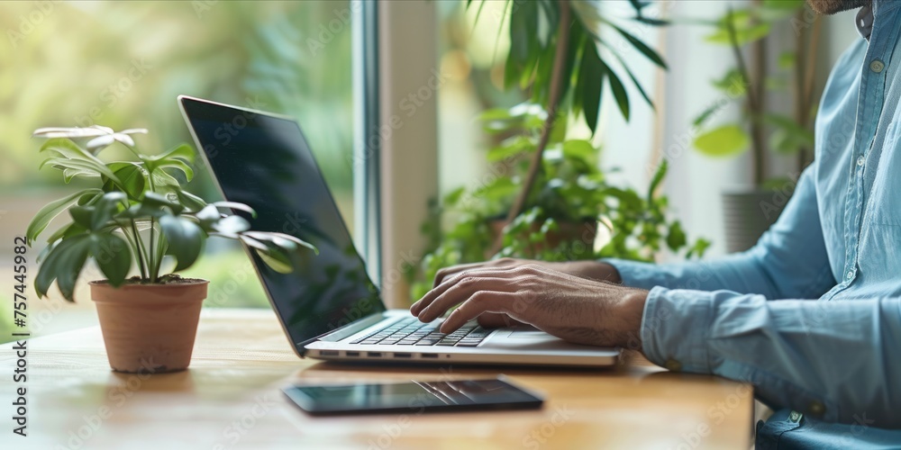 Person using a laptop next to a potted plant on a desk Person using a laptop next to a potted plant on a desk