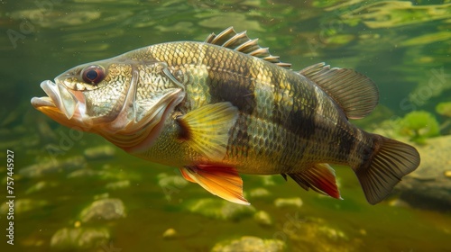 Big freshwater perch caught and displayed in water, symbolizing successful fishing and natural aquatic life