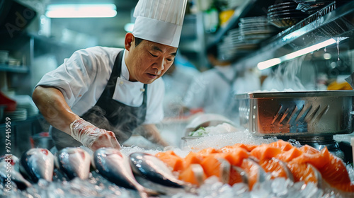 A focused chef slices fresh salmon for sashimi in a steamy, active professional kitchen environment.