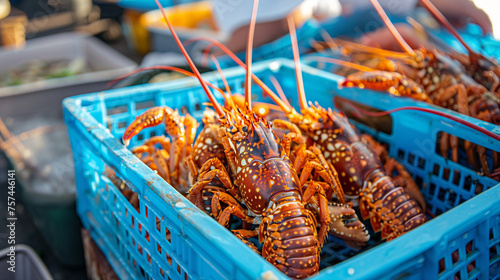 Fresh crayfish or kreef the latin name is Jasus lalandii also know as spiny rock lobster freshly caught from the ocean, seafood, in a blue crate photo