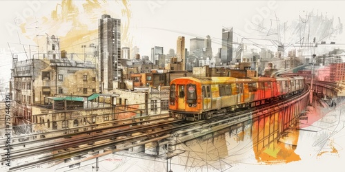 Artistic drawing of a cityscape and subway train