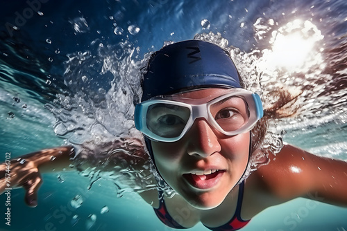 Young girl in swimming cap and goggles swimming underwater creating splashes © Андрей Знаменский
