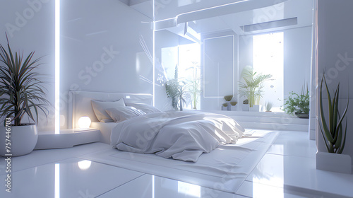 A modern  high-contrast bedroom with white glossy surfaces and neon lighting  featuring a futuristic interior design style