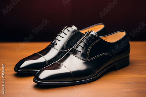 Classic men's black leather shoes on wooden background depth of field