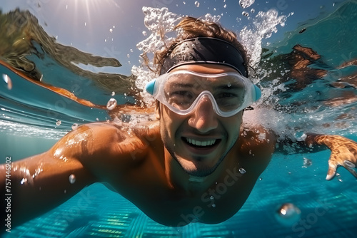 Young male swimmer in goggles swimming underwater in indoor swimming pool