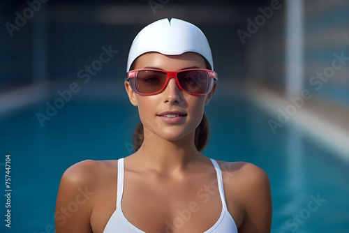Attractive young woman in swimming cap and sunglasses at poolside