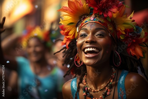 a woman is wearing a colorful headdress and smiling at a carnival