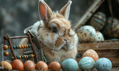 Bunny in glasses in grey jacket sells easter eggs