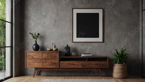 Wooden cabinet and dresser against a concrete wall, featuring an empty blank mock-up poster frame with copy space, embodying the modern living room's rustic home interior design.