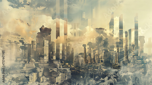 A surreal digital collage blending elements of the past and the future, with ancient ruins juxtaposed against futuristic skyscrapers