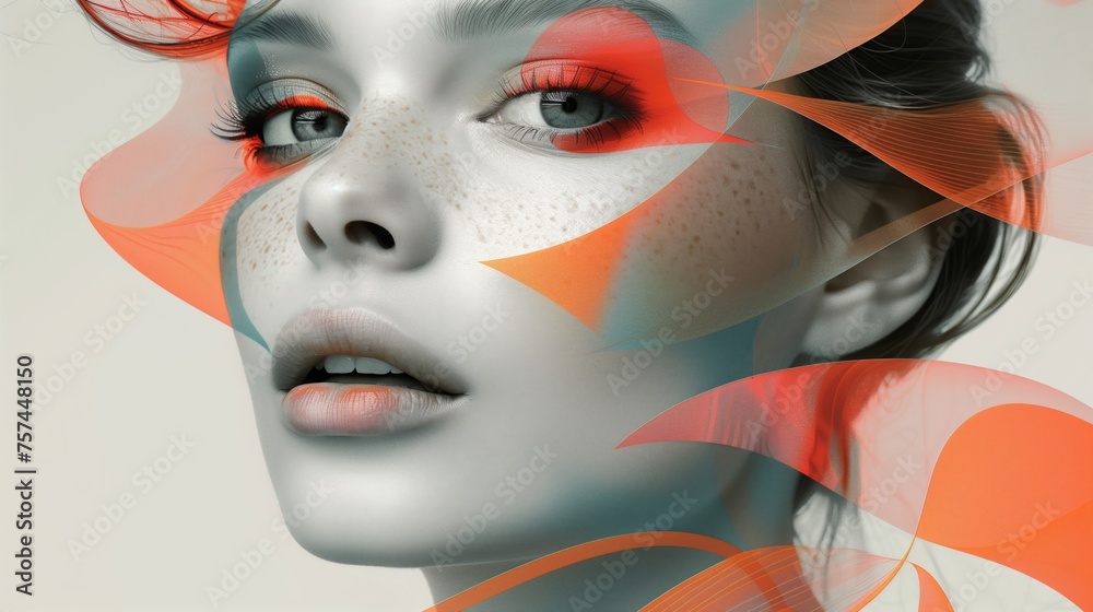 Abstract beauty: woman with graphic orange elements. Artistic portrait of a woman with vibrant orange abstract shapes Abstract beauty: woman with graphic orange elements. Artistic portrait of a woman with vibrant orange abstract shapes