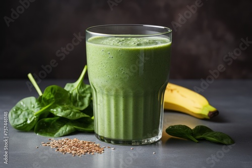 Green leafy vegetables such as spinach, kale, romaine, and kale blended with banana, yogurt, almond milk. Pour into a clear glass and garnish with chia seeds and flax seeds, photo