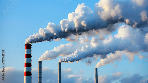 Multiple Coal Fossil Fuel Power Plant Smokestacks Emit Carbon Dioxide Pollution.