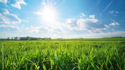 Summer fields landscape with green grass and blue sky, encapsulating the tranquil beauty of nature's open spaces © Bijac