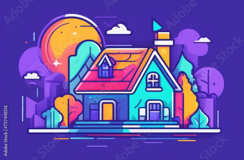colorful flat illustration of cozy house and garden around it in pleasant neighborhood