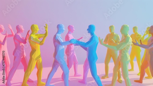 3D illustration of human figures engaging in various gestures such as handshakes, clapping, and punching, symbolizing social interactions and teamwork