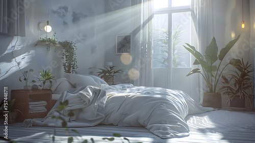 Rays of sunrise stream into a rustic bedroom highlighting the white bedding and various plant decorations