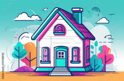 colorful flat illustration of cozy house and garden around it in pleasant neighborhood