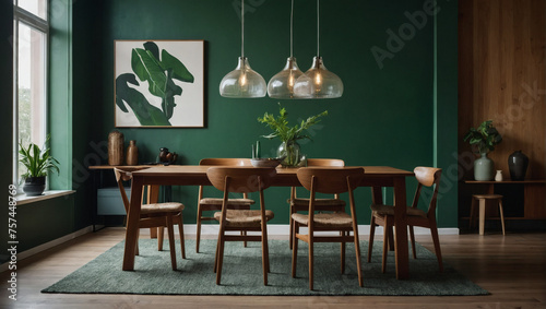 Wooden table and chairs set against a green wall in a Scandinavian, mid-century home interior, showcasing contemporary design in a dining room.