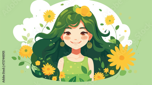 Cute girl flowers and sun on green circle background