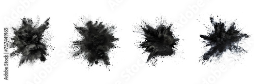 Set of black color explosion of holi powder isolated on a transparent background