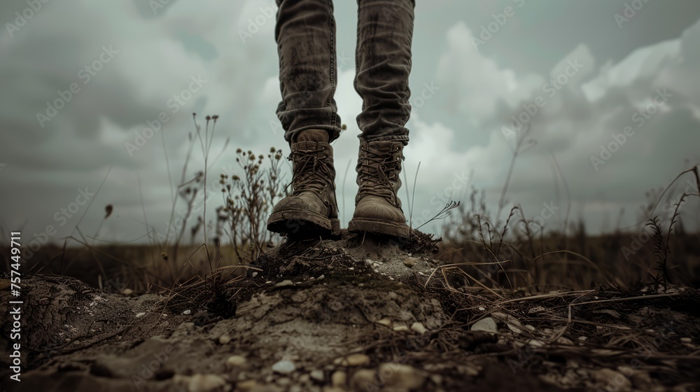 A person is standing in a field with their feet in the dirt A person is standing in a field with their feet in the dirt
