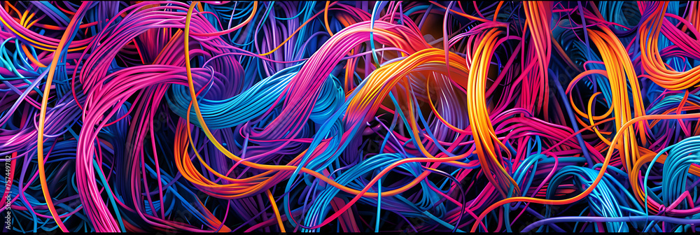 A tangled mess of vibrant, neon-colored electric cables forming an abstract background