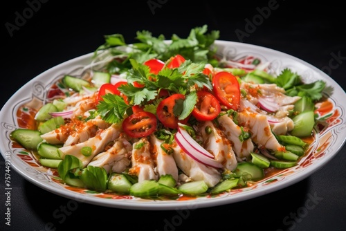 fish salad Boiled soft fish Tear into bite-sized pieces. Salad with tamarind salad dressing, shallots, coriander, green onions, bird's eye chilli. Mood: fresh, sour, spicy, mellow.