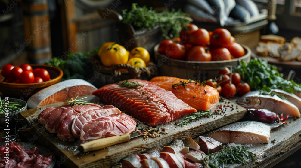 A variety of fresh seafood and meats displayed on a rustic wooden table. A variety of fresh seafood and meats displayed on a rustic wooden table.