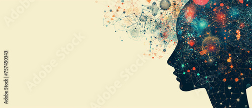 Illustration banner design human head with a visualization of the neurons, neural connections and brain activity, copy space