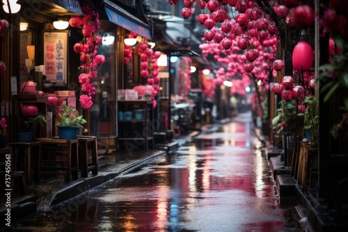 A magenta city street with flowerfilled shops and lanterns on a rainy day