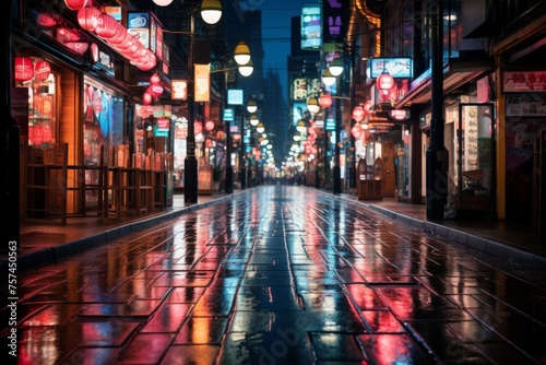 a wet city street at night with a lot of lights reflected in the water