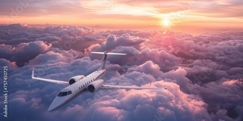 A private jet flying high above the clouds at sunset.