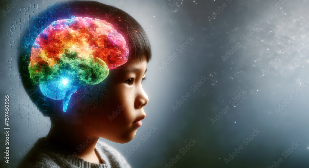 head of a little Asian boy in a double exposure with a rainbow puzzle brain - symbolizing the diversity of autistic potential and intellectual experience head of a little Asian boy in a double exposure with a rainbow puzzle brain - symbolizing the diversity of autistic potential and intellectual experience