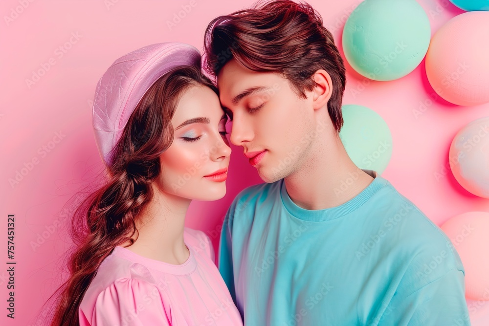 A man and a woman are hugging each other in front of a pink wall