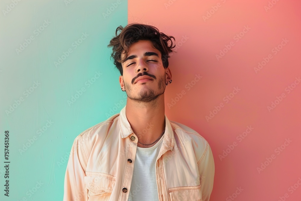 Fototapeta premium A man with a mustache and a necklace is standing in front of a pink wall