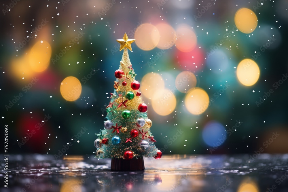 Obraz premium miniature small christmas tree on bokeh background - festive xmas horizontal banner with copy space