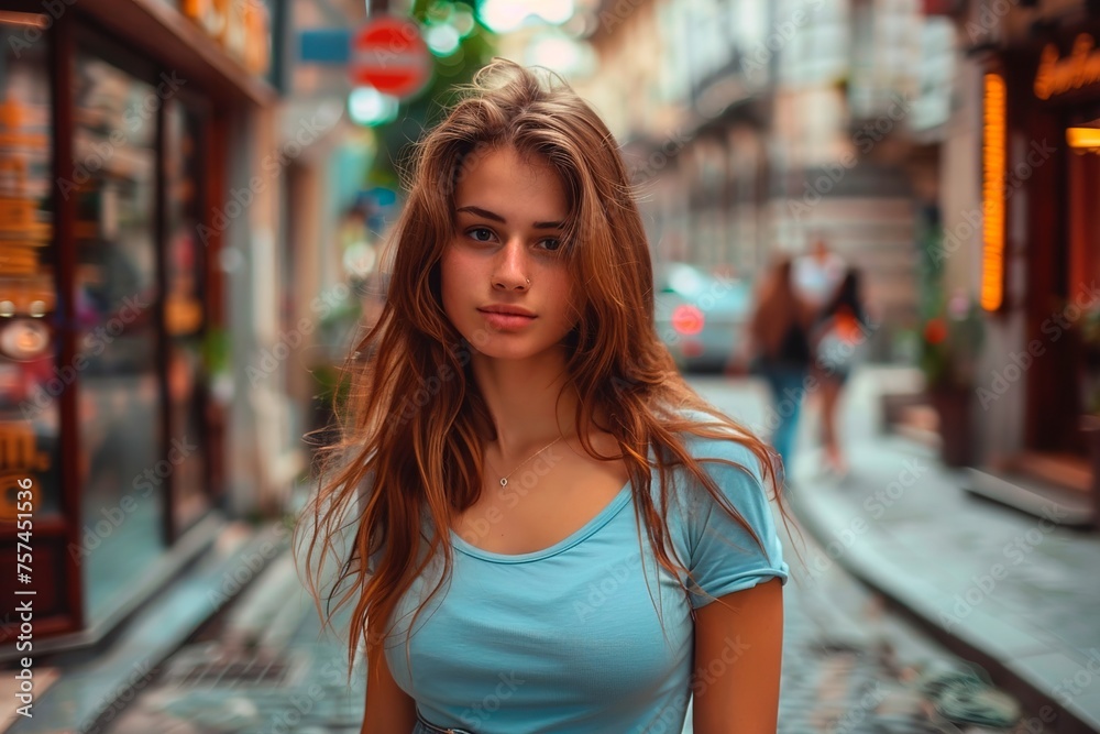 A woman with long brown hair is standing on a city street